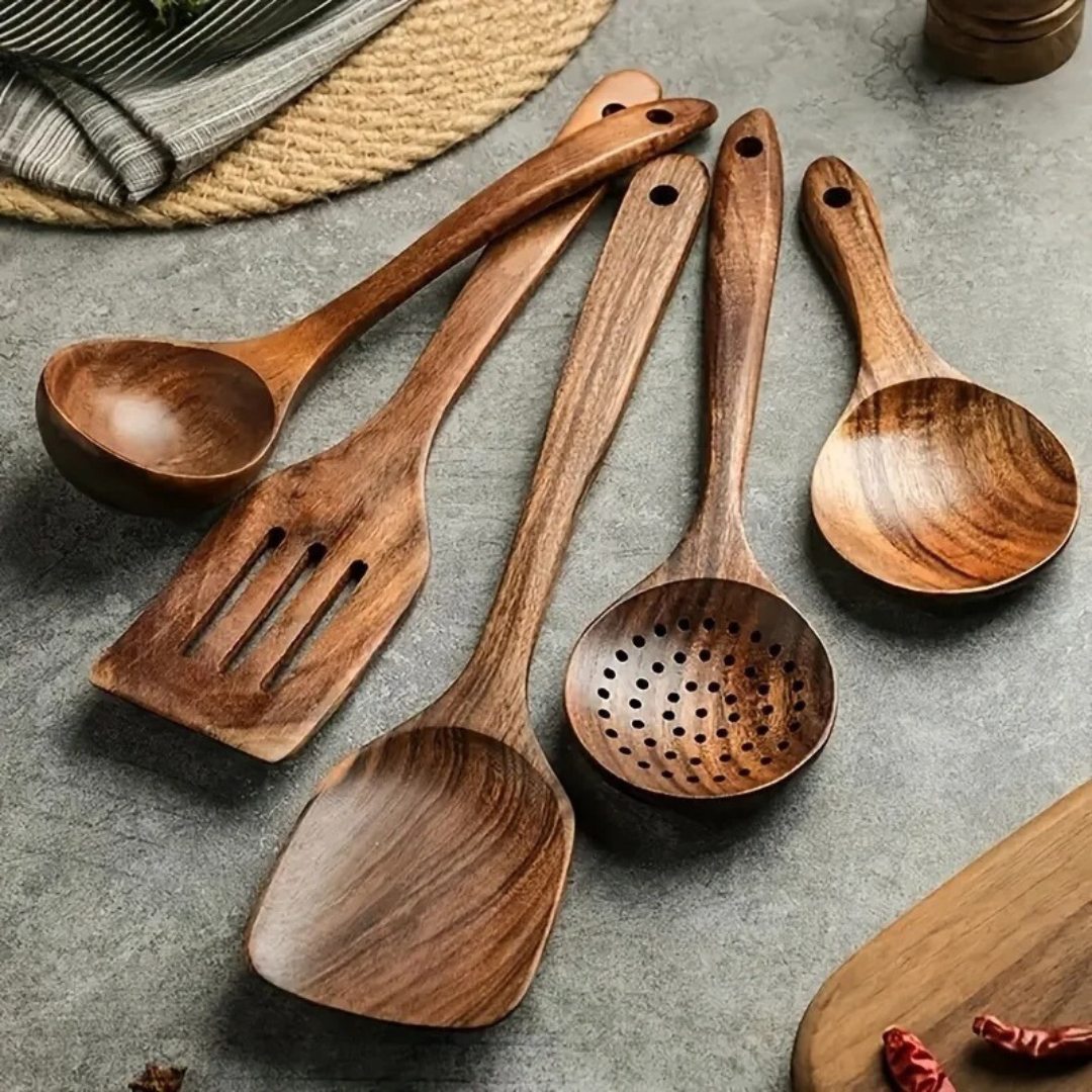 Sustainable Wooden Utensil Set – 5-Piece Eco-Friendly Kitchen Tools for Cooking and Serving 3