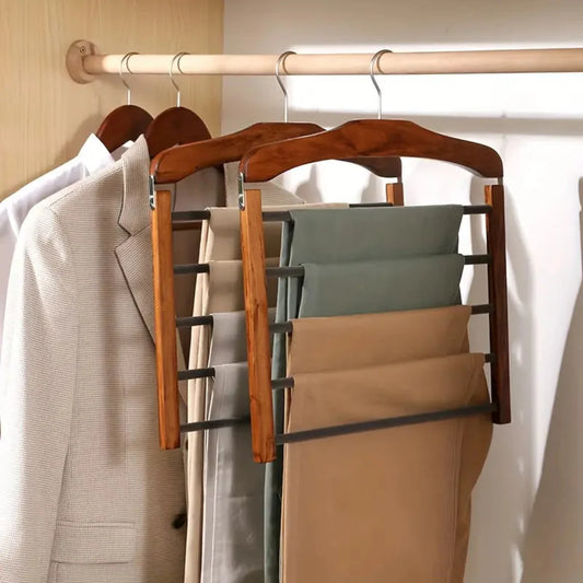 Multi-Bar Wooden Clothes Hanger - Space-Saving Rack for Pants, Scarves, and Towels with Non-Slip Coating and Durable Design 1