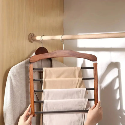 Multi-Bar Wooden Clothes Hanger - Space-Saving Rack for Pants, Scarves, and Towels with Non-Slip Coating and Durable Design 2
