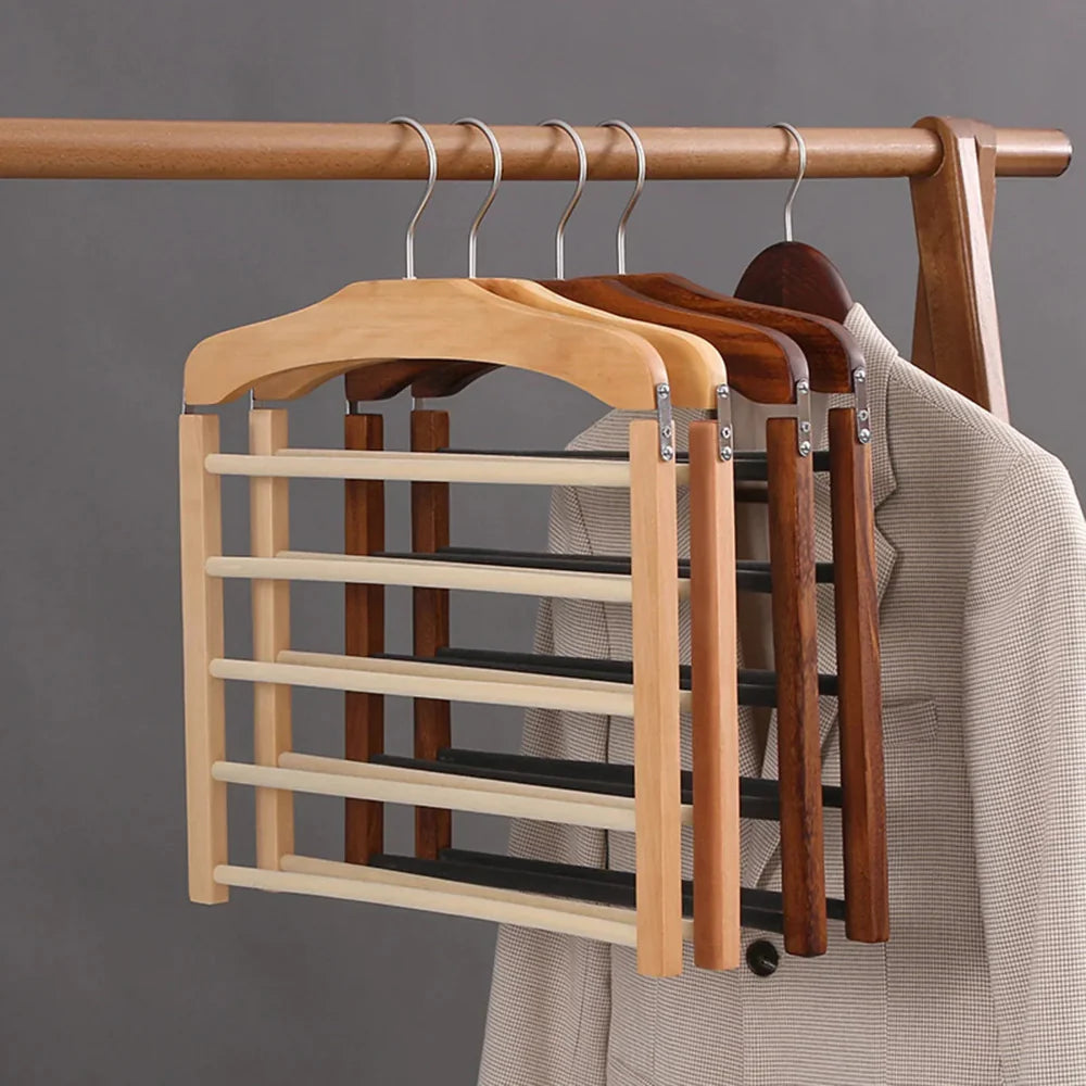 Multi-Bar Wooden Clothes Hanger - Space-Saving Rack for Pants, Scarves, and Towels with Non-Slip Coating and Durable Design 3