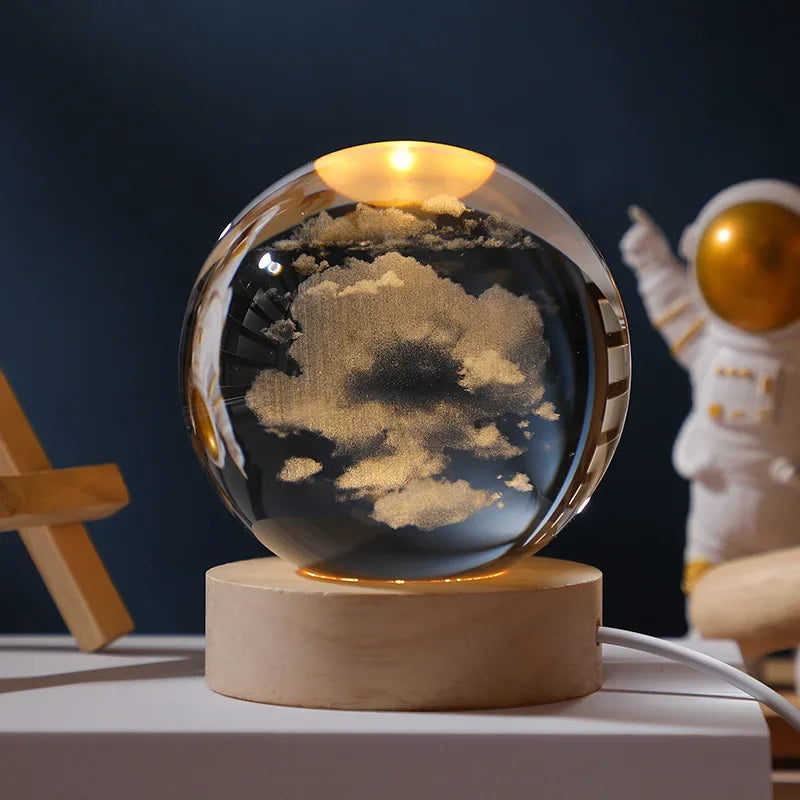 Illuminated Crystal Ball Night Light with Natural Wood Base – Warm White LED for Relaxation and Meditation 30