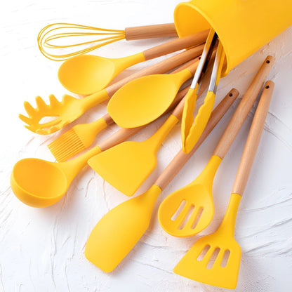 Silikon-Küchenutensilien-Set mit Bambusgriffen - 12-teiliges kratzfestes Utensilien-Set
