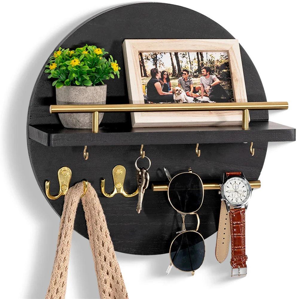Wall-Mounted Wooden Key Holder Shelf with Organizer – Rustic Storage Solution for Keys and Accessories 3