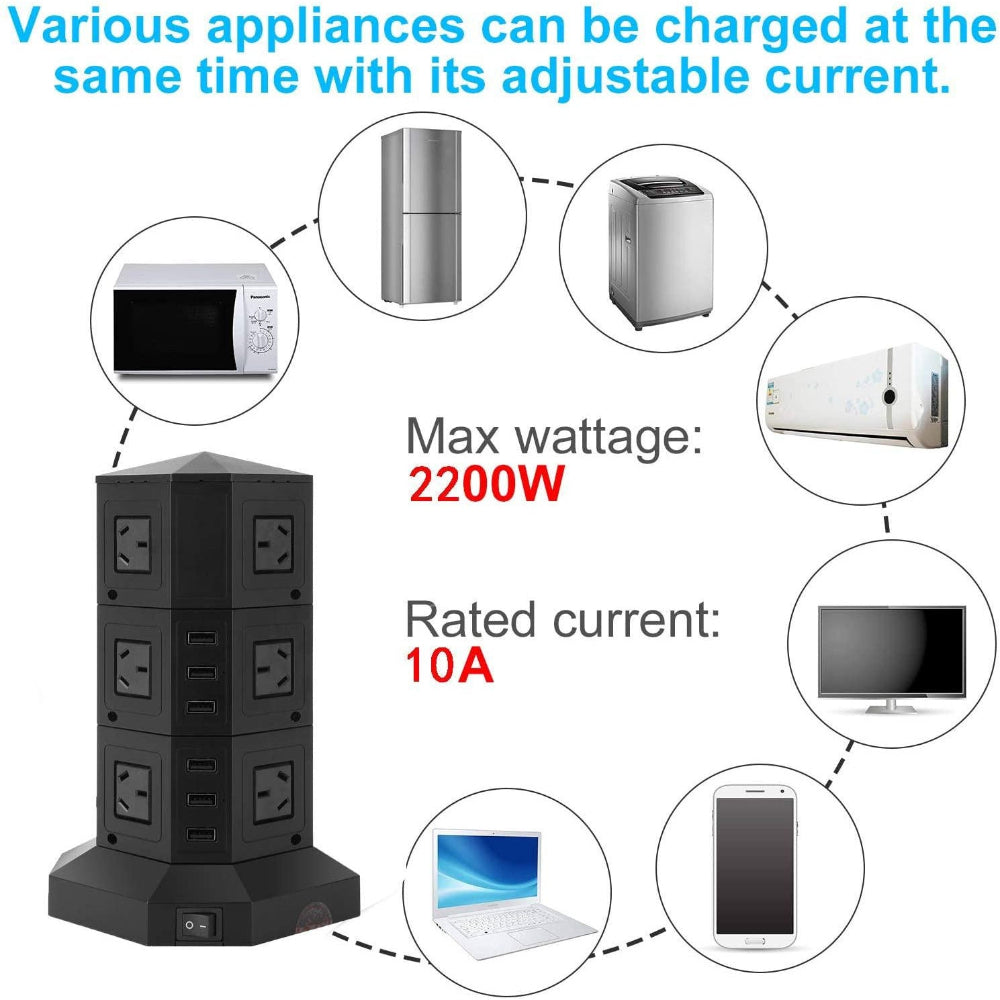 VoltNest Tower - Vertikale Steckdosenleiste mit 12 Steckdosen und 6 USB-Anschlüssen