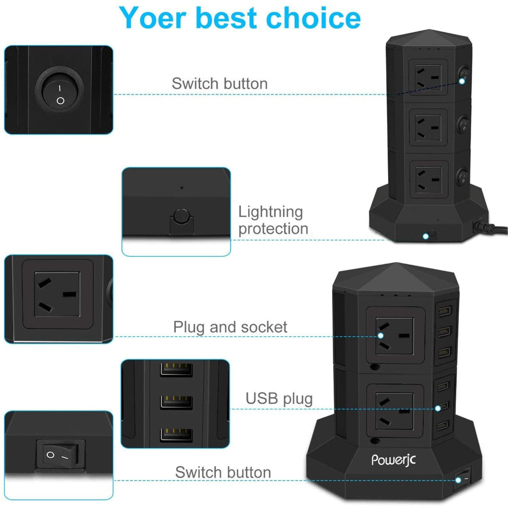 VoltNest Tower - Vertikale Steckdosenleiste mit 12 Steckdosen und 6 USB-Anschlüssen