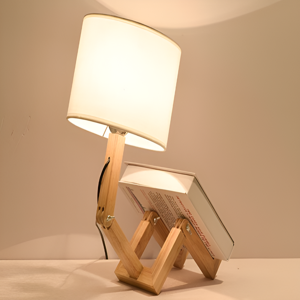 Creative Wooden Robot Desk Lamp with Adjustable Brightness and Book Holder 5