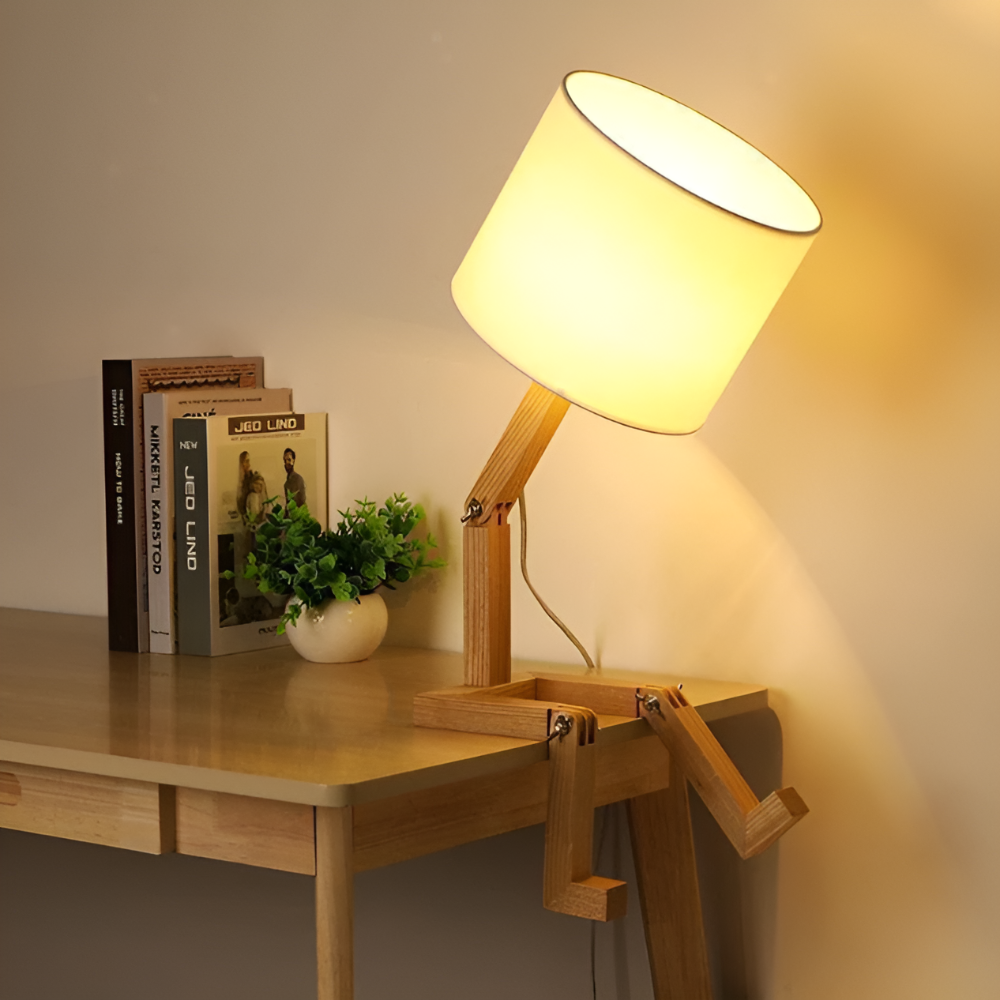 Creative Wooden Robot Desk Lamp with Adjustable Brightness and Book Holder 4
