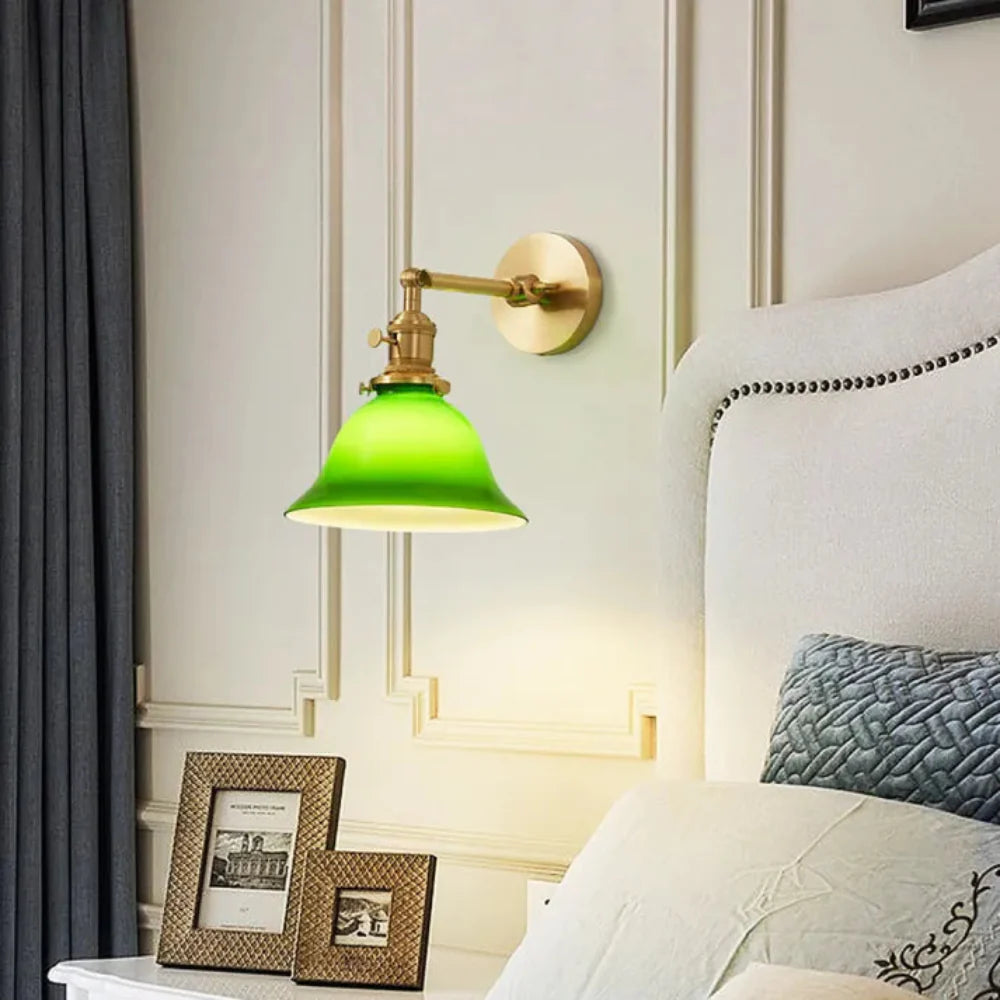 Vintage Green Glass Lampshade with Adjustable Arm and Brass Accents 1